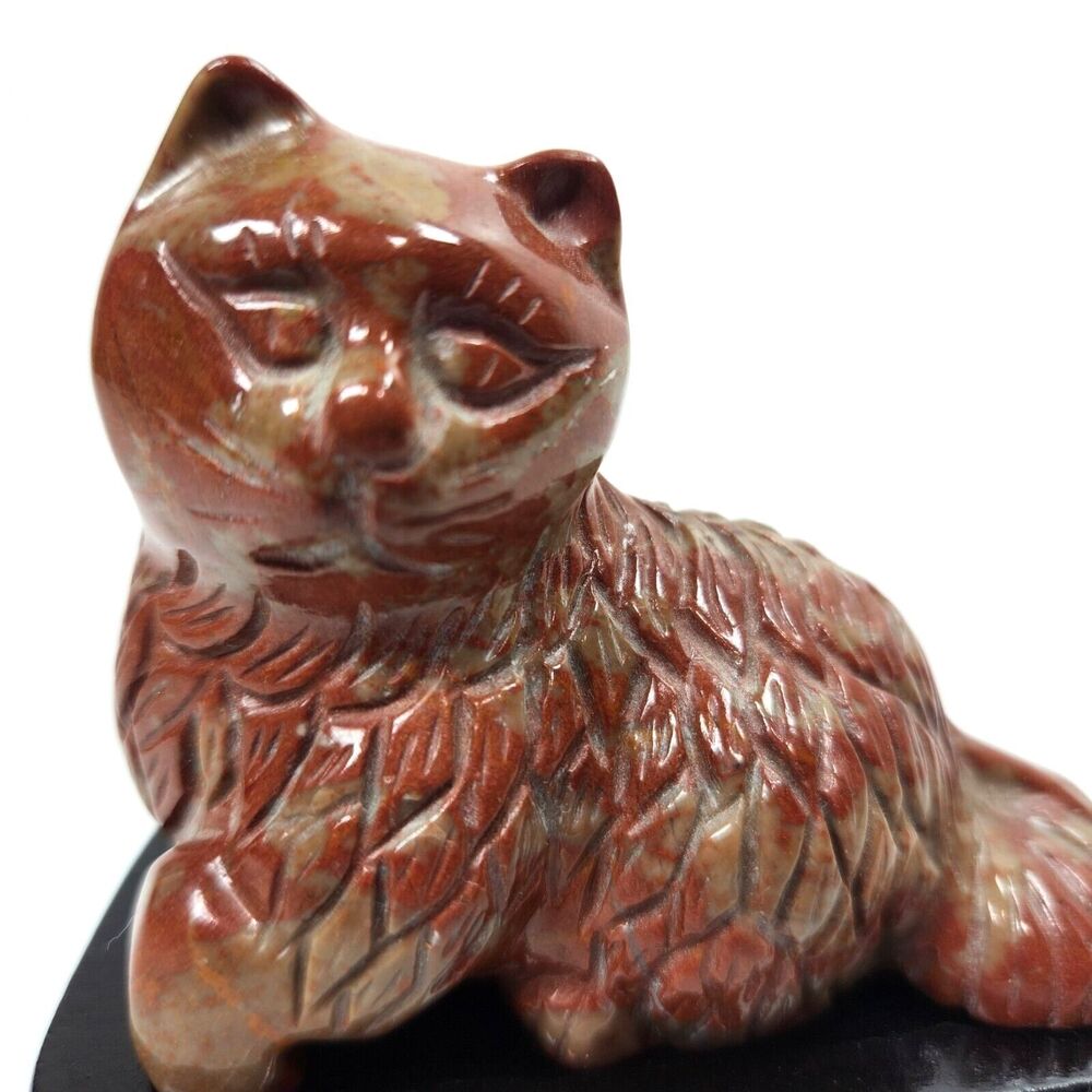Hand Carved Jasper Cat Figurine & Wood Stand 3" Mineral Kitten Collectible Decor